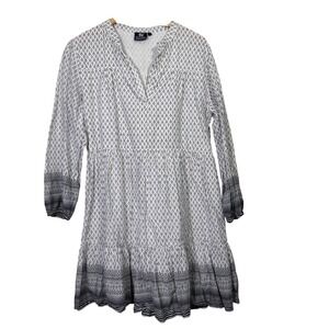 Madison Mathews‎ Womens Dress Large White Navy Print Tiered Ruffle Long Sleeve